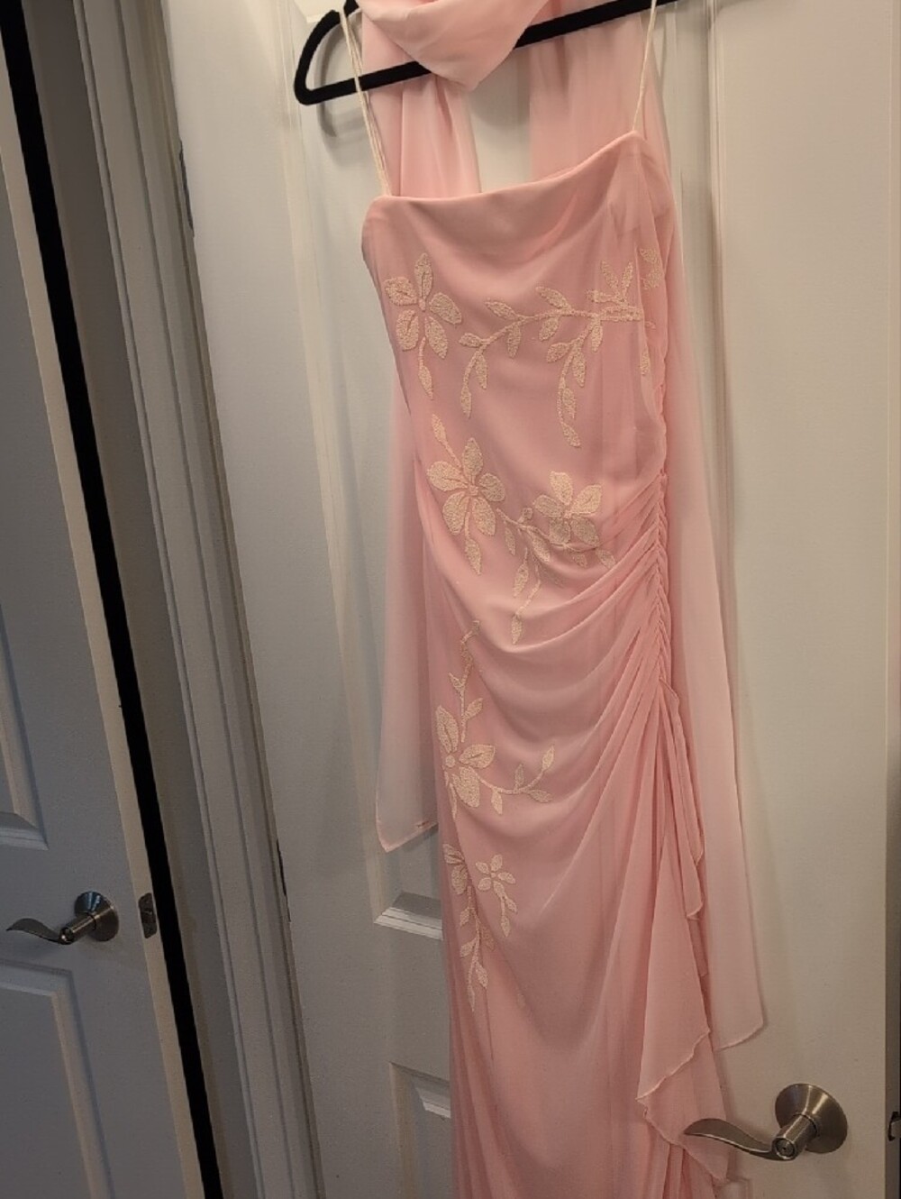Mariposa Light Pink Strapless Floral Chiffon Evening Gown with Scarf - Picture 6 of 10
